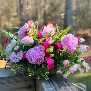 Enchanting Pink Floral Arrangement with Wood Dough Bowl